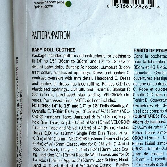 Butterick 5729 Sewing Pattern 18" Doll Clothes 14"-18” Fits Bitty Baby Clothes - Picture 3 of 3